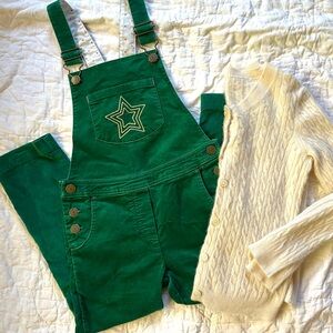 Mini Boden Green Overalls with Star Patch and Cream Cable Knit Sweater